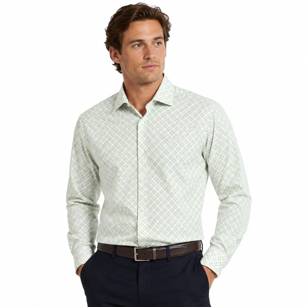 Banana Republic Button Down Mens L Green White Plaid Long Sleeve Dress Shirt